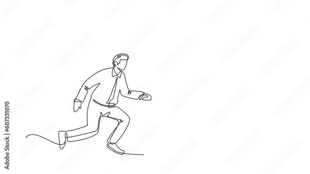 Poster animated self drawing of continuous line draw businessman chasing piggy bank, trying to catch it ret