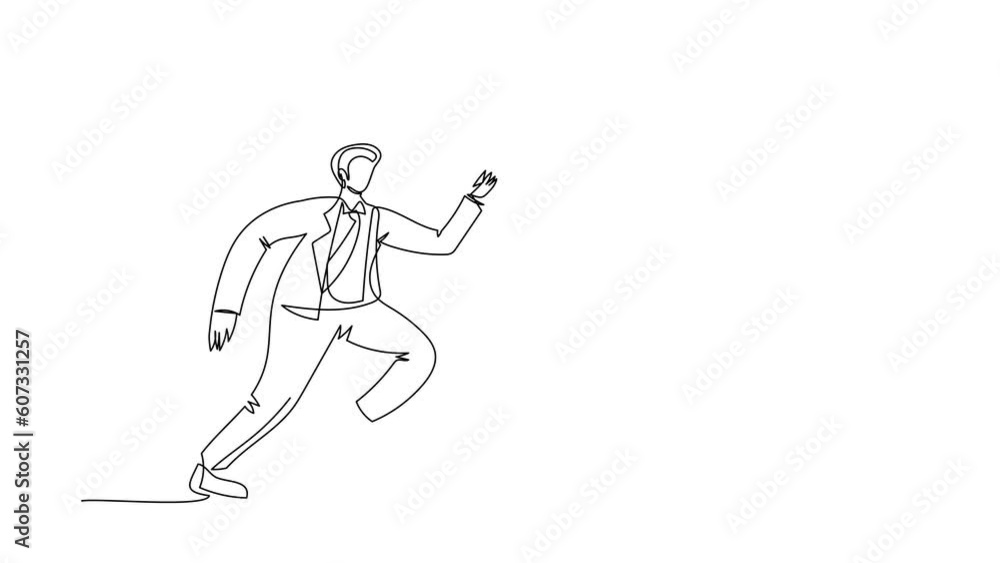 Poster animated self drawing of continuous line draw businessman run chasing try to catch hourglass. concep