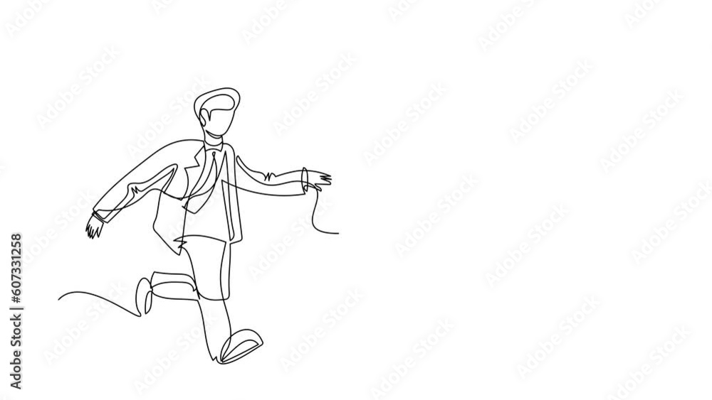 Poster animated self drawing of single continuous line draw businessman run chasing try to catch tasty fast