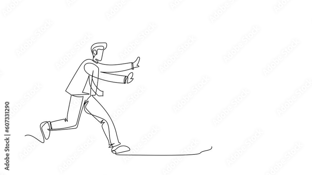 Poster animated self drawing of continuous one line draw businessman run chasing try to catch smartphone. c