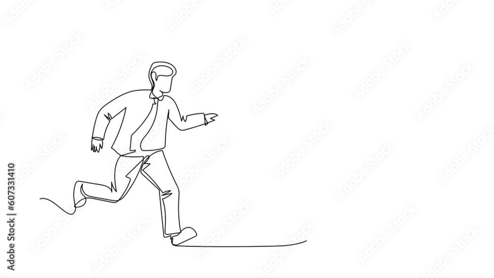 Poster self drawing animation of single one line draw businessman chasing dollar symbol, trying to catch it
