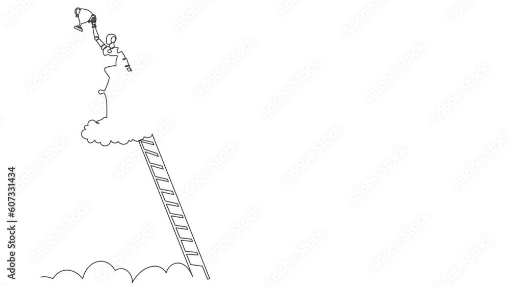 Poster animated self drawing of continuous line draw robot climb ladder holding trophy in cloud. showing aw