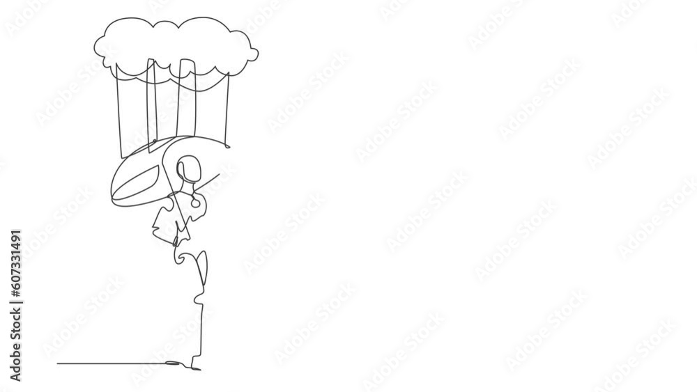 Poster animated self drawing of continuous line draw robot with umbrella stand under rain cloud. depression