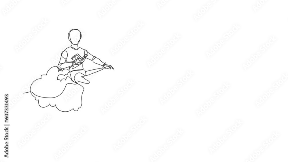 Poster self drawing animation of single line draw robot relaxes sitting on cloud reading book. technology d
