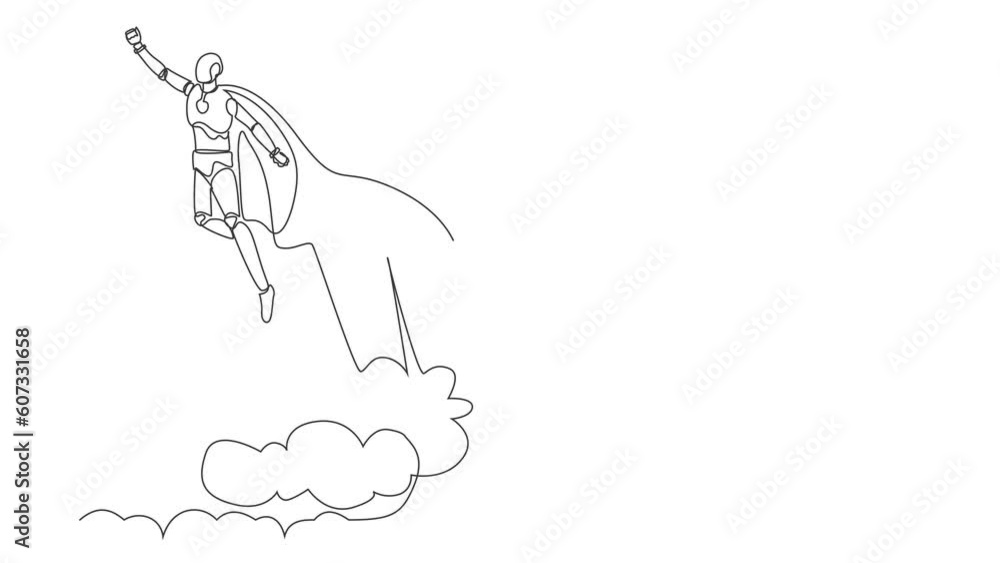 Poster animated self drawing of continuous line draw robot superhero flies up and leaves cloud of dust. mod