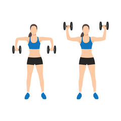 Fototapeta na wymiar Woman scarecrow arms elbow shoulder rotations with dumbbell. Flat vector illustration isolated on white background