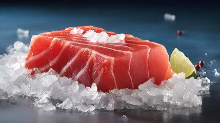 Hyperrealistic photo of a vibrant, chilled tuna loin on crushed ice, fresh seafood, generative AI