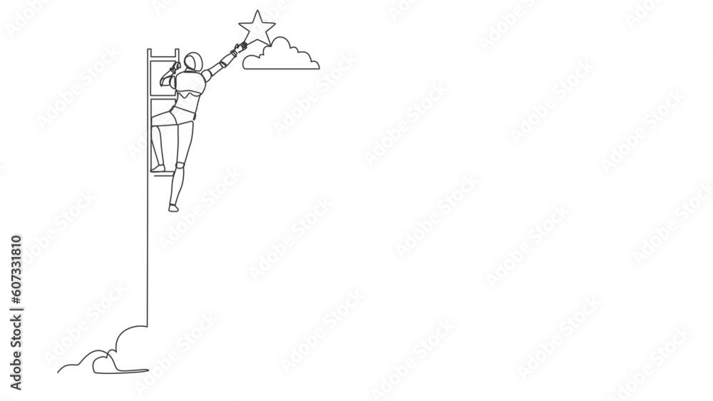 Poster animated self drawing of continuous line draw robot standing on stairs and reaching star on the sky.