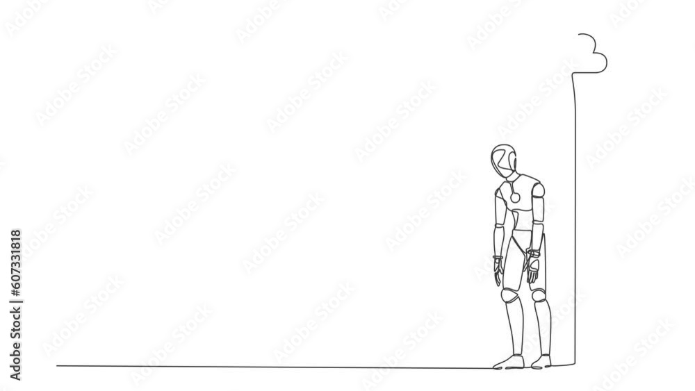 Poster animated self drawing of continuous line draw unhappy depressed sad robot in stress walking under ra