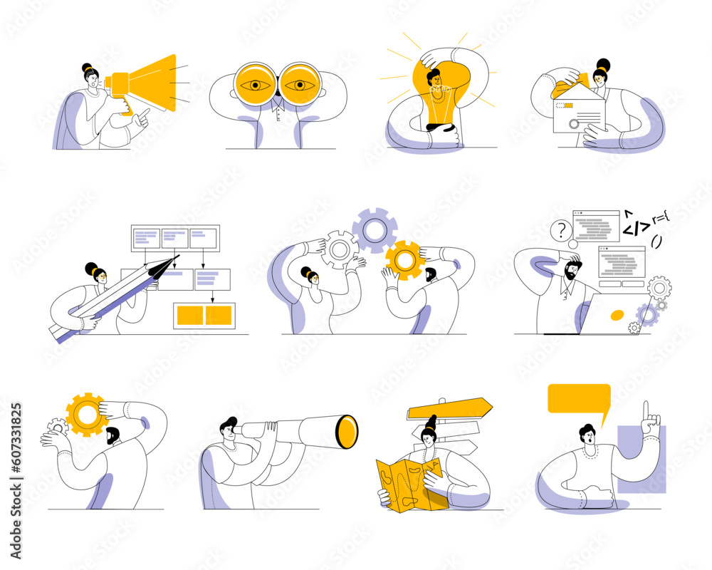 Aufkleber a set of characters on the topic of finding a big idea in business. vector icons in a modern style.