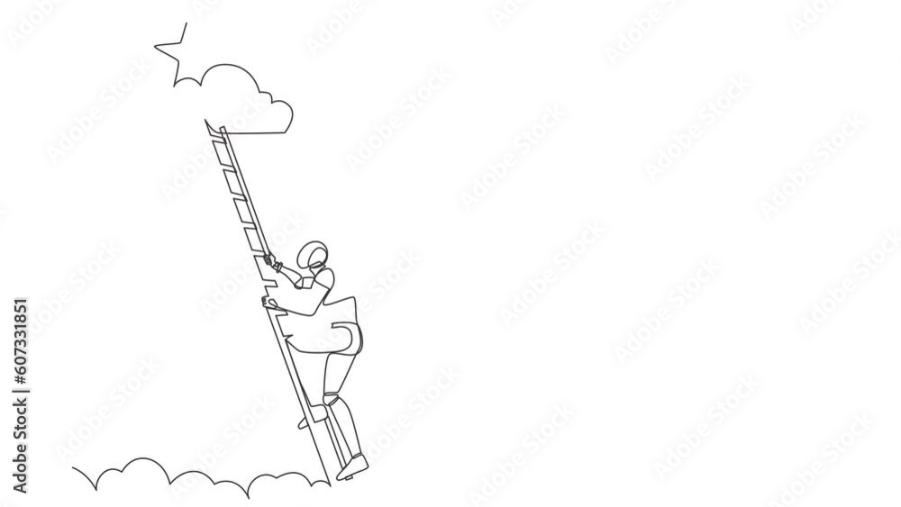 Poster animated self drawing of continuous line draw robot climbing ladder to reach out for stars. modern r