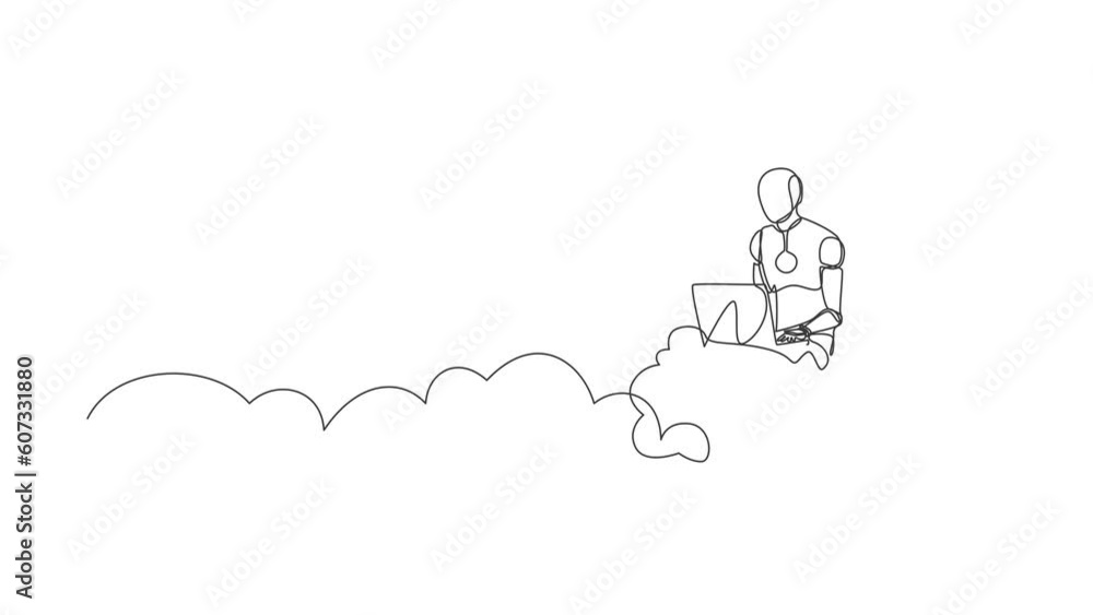 Aufkleber self drawing animation of single line draw robot sitting on cloud in sky working with laptop. future
