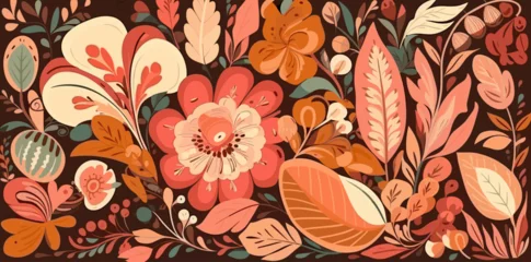 Keuken spatwand met foto pattern of pinks and orange leaves and flowers in the style of 20th century Scandinavian style, vector, generative ai © Teerawat