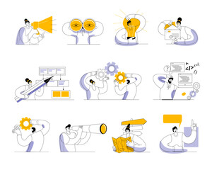 A set of characters on the topic of finding a big idea in business. Vector icons in a modern style.