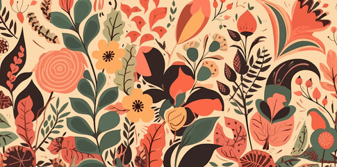 pattern of pinks and orange leaves and flowers in the style of 20th century Scandinavian style, vector, generative ai