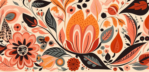 pattern of pinks and orange leaves and flowers in the style of 20th century Scandinavian style, vector, generative ai © Teerawat