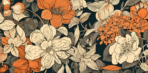 ed and orange flowers pattern fabric in the style of light beige and orange, fauvist, 20th century scandinavian style, tender depiction of nature, vintage, vector , generative ai © Teerawat