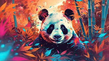 Fototapety  panda nestled among a vibrant watercolor bamboo forest. soft, pastel colors for the bamboo stalks and leaves