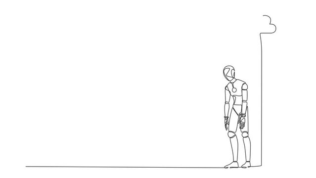 Animated self drawing of continuous line draw unhappy depressed sad robot in stress walking under rain cloud. Robotic artificial intelligence. Electronic technology. Full length one line animation