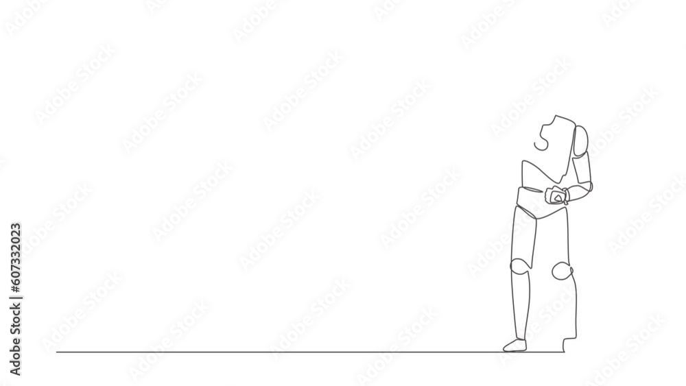 Wall mural animated self drawing of continuous line draw robot standing on peak of cliff targeting arrow to dar