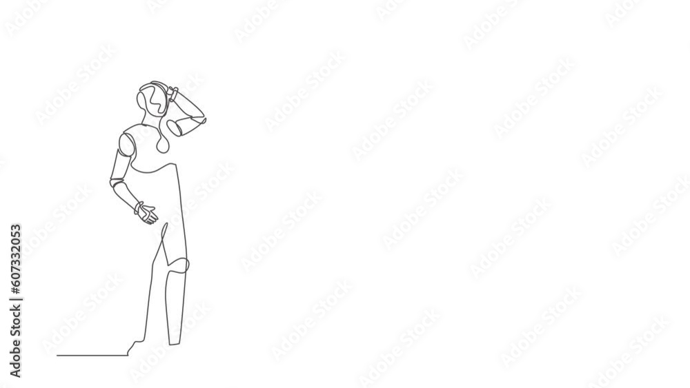 Poster animated self drawing of continuous line draw confused robot standing missed opportunities. humanoid