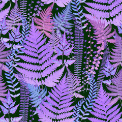 Purple Ferns. Decorative vector seamless pattern. Repeating background. Tileable wallpaper print.