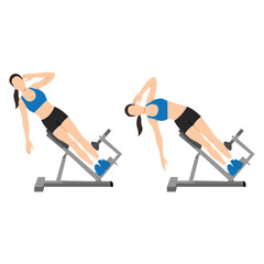 Fototapeta premium Woman doing roman chair side bend or hyperextension bench side bends exercise. Flat vector illustration isolated on white background