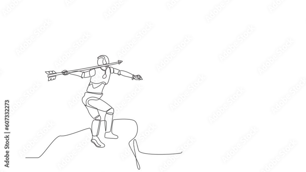 Poster animated self drawing of continuous line draw robot standing on peak of cliff targeting arrow to dar