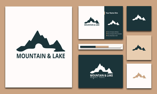 The concept of a minimalist mountain logo, with various uses for your business, such as sticker name cards and accompanied by a color palette - Powered by Adobe