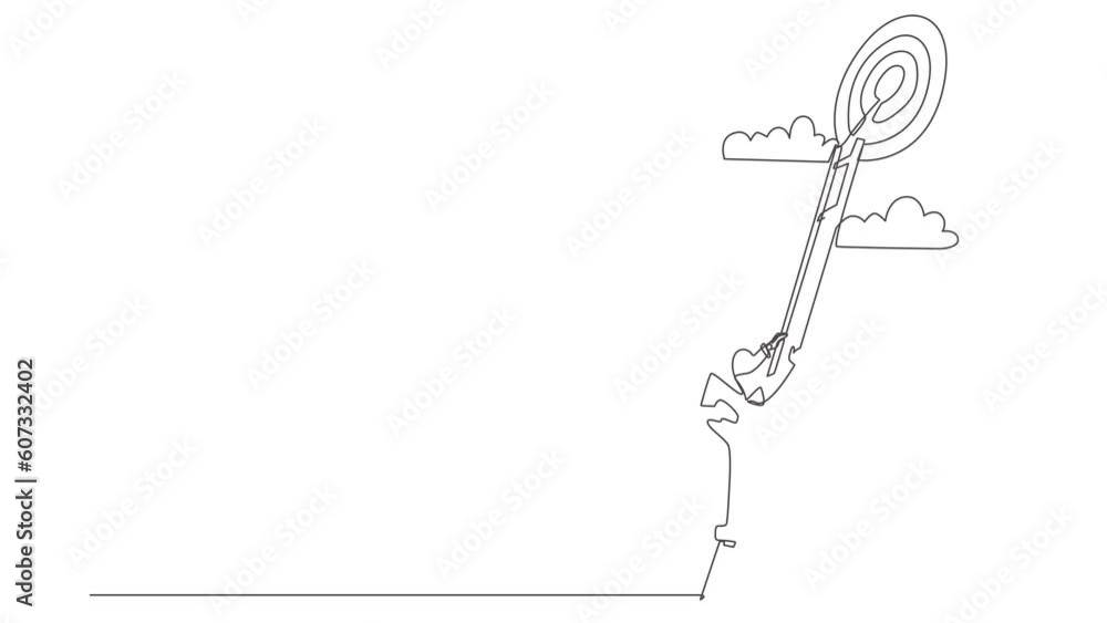Poster self drawing animation of single line draw robot rises up stairs to top of target. achieving goal. l
