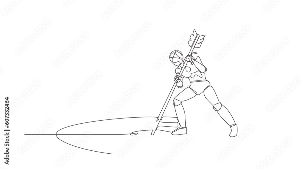 Poster self drawing animation of single one line draw robot mark goal with arrow. robot holding arrow, hit 