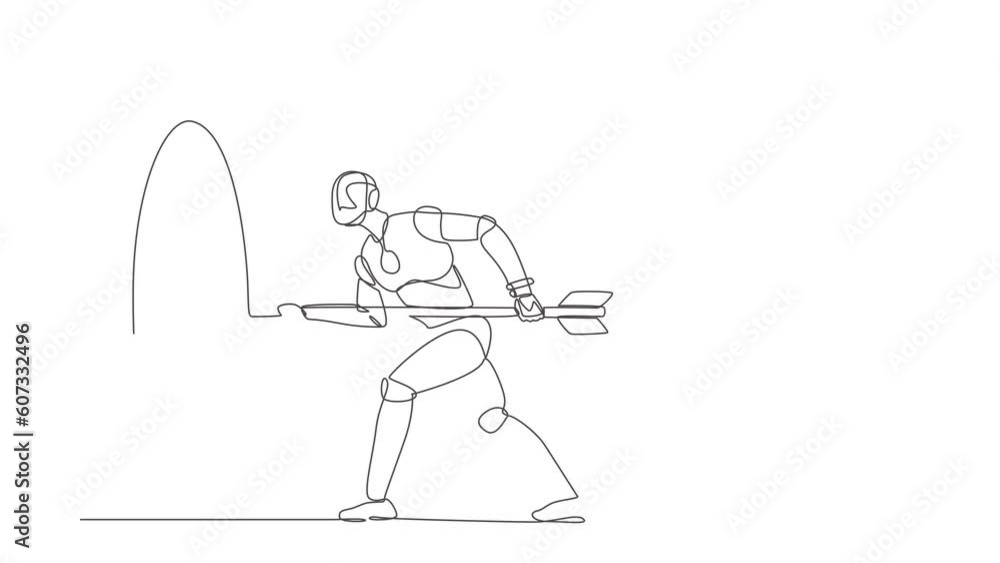Poster animated self drawing of continuous line draw robot hold arrow in hand to target, achievement goal. 