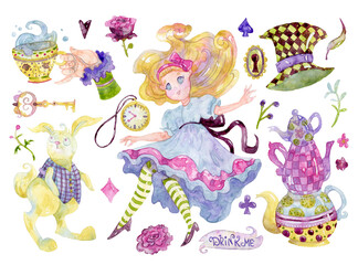 Flying Alice, white rabbit, hand with teacup, teapots, clock, checkered hat, roses. Alice in Wonderland theme elements set. Watercolor illustration - 607333021