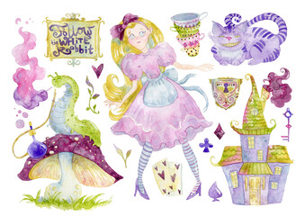 Alice, Cheshire Cat, cups, key, playing cards, curious house, hookah-smoking caterpillar.  Alice in Wonderland theme elements set. Watercolor illustration