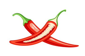 Red chili pepper in cartoon style isolated on white background. Hot chili pepper cooking food. Vector illustration