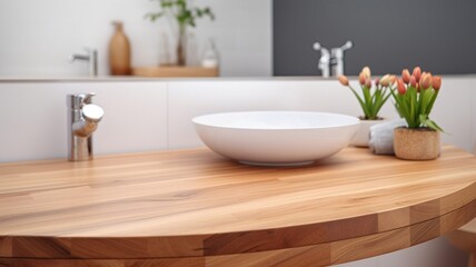 Naklejka na ściany i meble Wooden tabletop with blurred bathroom background Generative AI