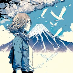 Girl in front of Mount Fuji