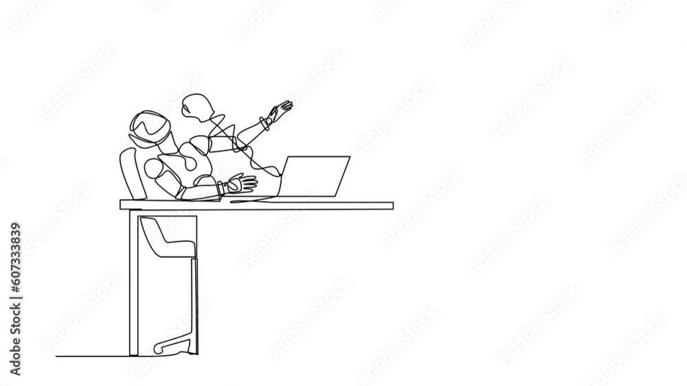 Poster animated self drawing of continuous line draw robot being punched by boxing gloves from laptop. cybe