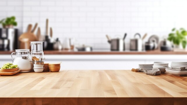 Empty wooden tabletop with blurred kitchen background Generative AI