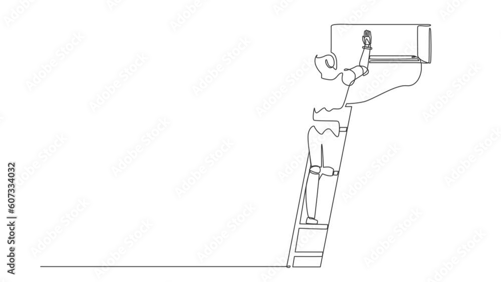 Poster self drawing animation of single line draw robot repairman technician repairing air conditioner. tec