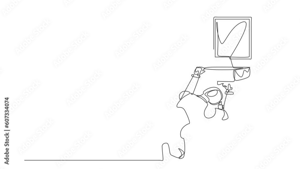 Aufkleber animated self drawing of continuous line draw robot plumber worker repair sink in bathroom and plumb