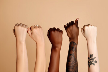 Race and gender diverse arms on a neutral background. Embracing Diversity: Social Integration across Races and Genders Generative AI - obrazy, fototapety, plakaty