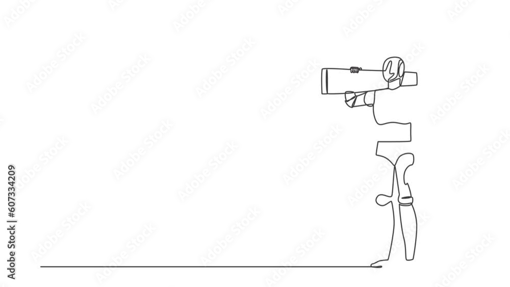 Poster animated self drawing of continuous line draw robot repairman standing with board, tool box, drill. 