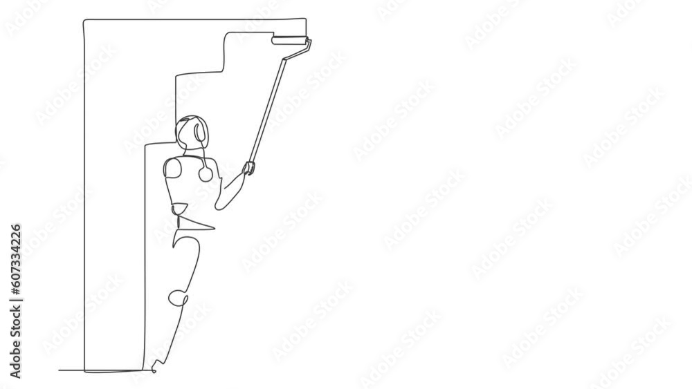 Poster self drawing animation of single line draw robot painter decorator repairman people at work. future 