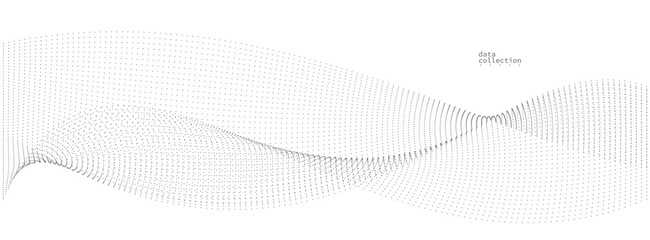 Grey dots in motion vector abstract background, particles array wavy flow, curve lines of points in movement, technology and science illustration.