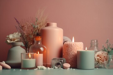Spa still life with candles, vases and flowers. Warm cozy atmosphere in pastel colors. AI generated.