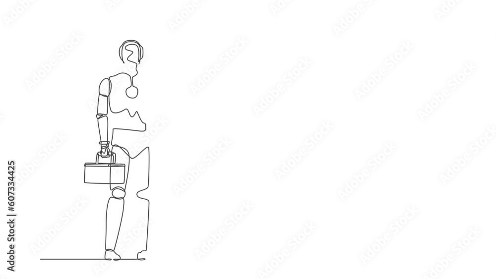 Aufkleber self drawing animation of single one line draw robot plumber standing holding wrench, tools box in h