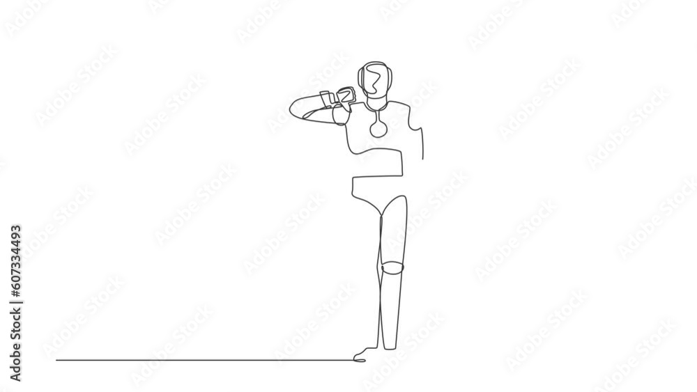 Poster animated self drawing of continuous line draw robot showing thumbs down sign. dislike, disagree, dis