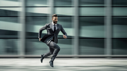 A businessman in a suit runs to work, the concept of performance, success and leadership created with generative AI technology