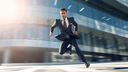 Fototapeta na wymiar A businessman in a suit runs to work, the concept of performance, success and leadership created with generative AI technology